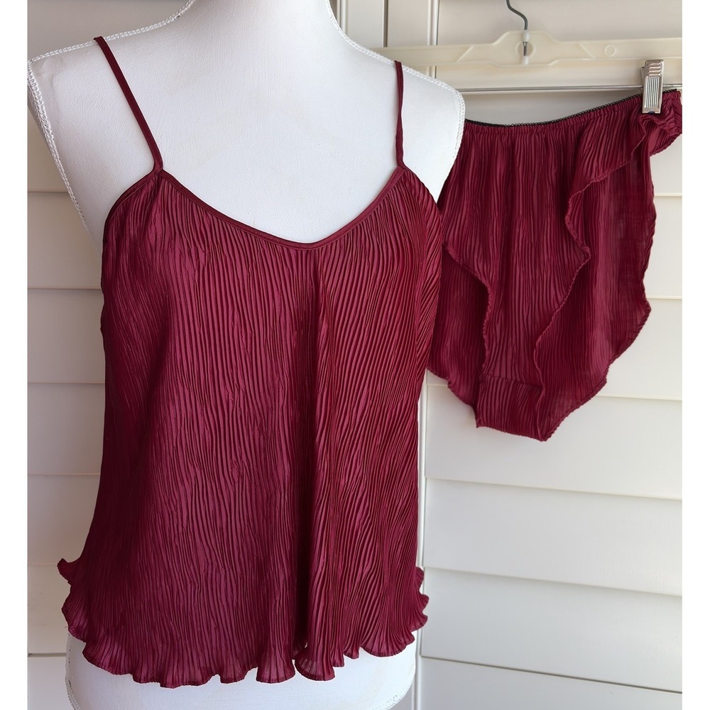 Vtg 90s Dentelle Burgundy Pleated Cami & High-Cut Panty‎ Lingerie Set M Made USA